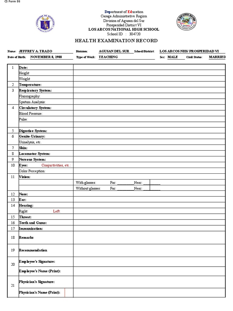 Teachers Health Examination Card CS Form 86 PDF