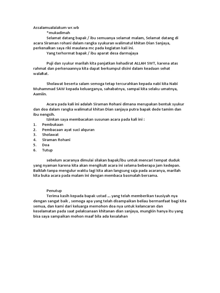 Mukadimah Acara Siraman Rohani Khitanan | PDF | Agama & Spiritualitas