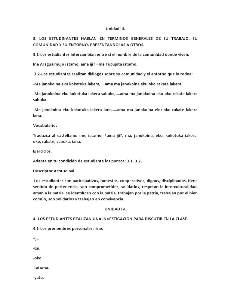 Warao Unidad Iii, Iv y V PDF Tipología Lingüística Gramática