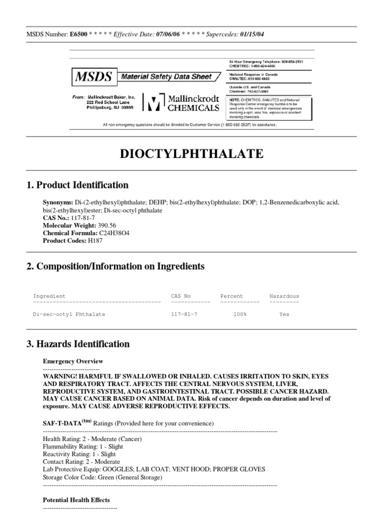 MSDS DOP Personal Protective Equipment Breathing
