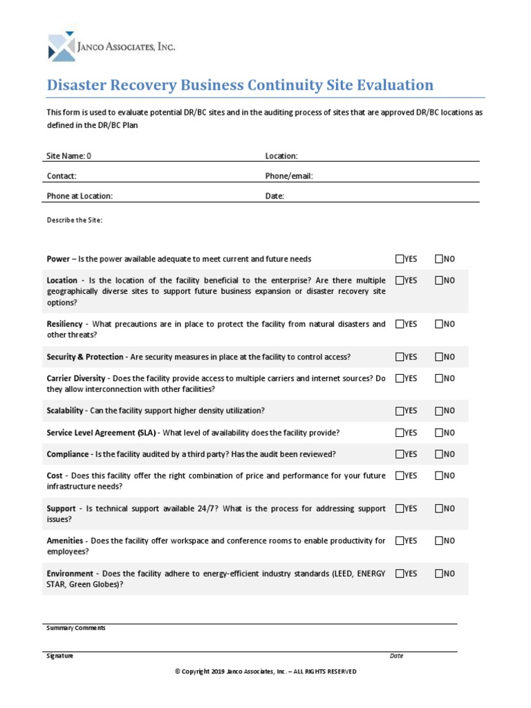 Disaster Recovery Site Evaluation Form | PDF