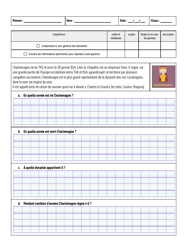 Evaluation Charlemagne Cm1 Avec Correction Évaluation Histoire : Questionnaire Charlemagne CM1 | PDF | Charlemagne