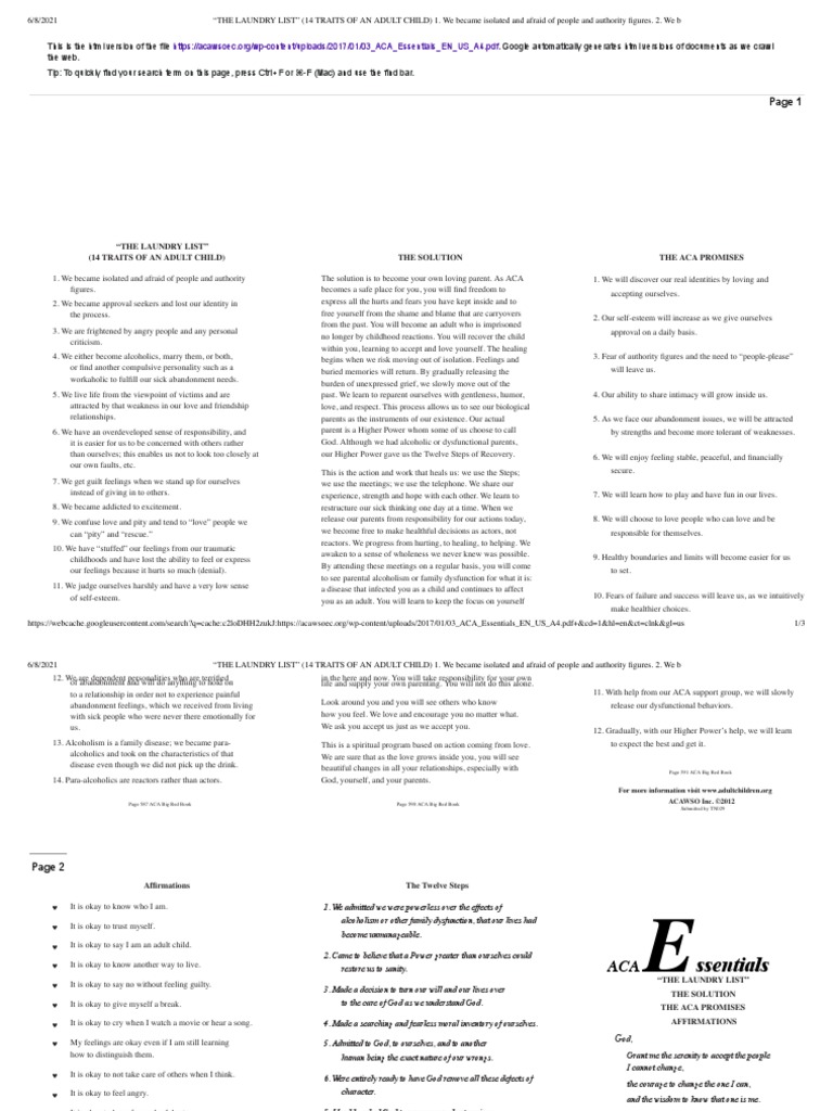 "The Laundry List" (14 Traits of An Adult Child) PDF Twelve Step