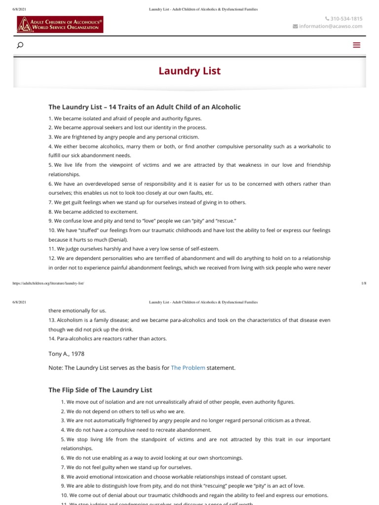 Laundry List Adult Children of Alcoholics & Dysfunctional Families