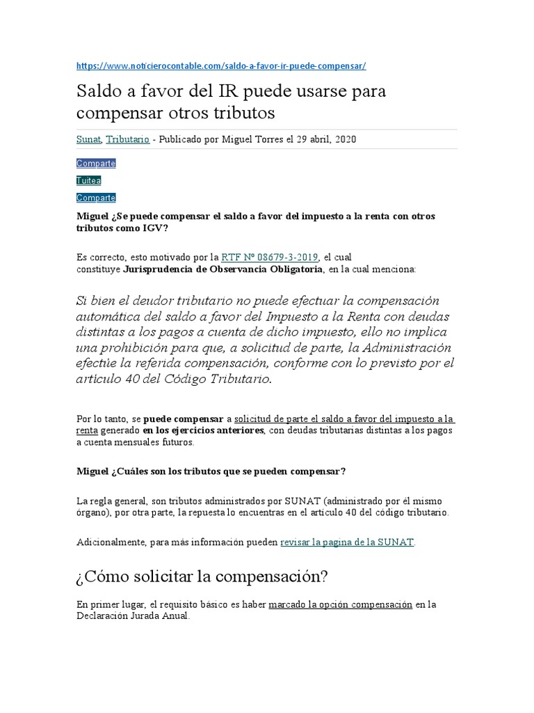 Compensación de Saldo a Favor del IR | PDF | Impuesto sobre la renta ...