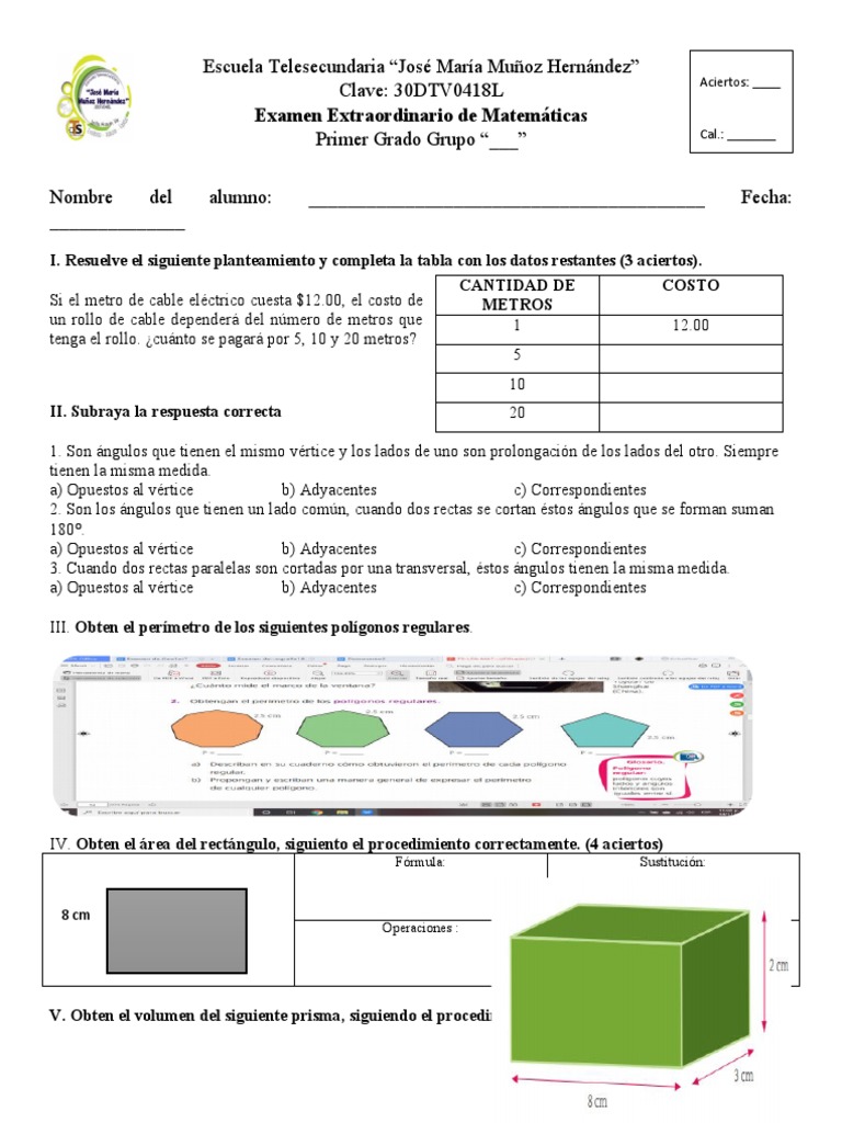 Examen Extraordinario de Matemáticas | PDF | Geometría | Enseñanza de ...