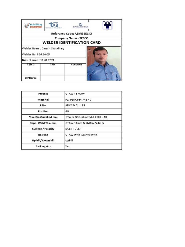 Welder Id Card Format
