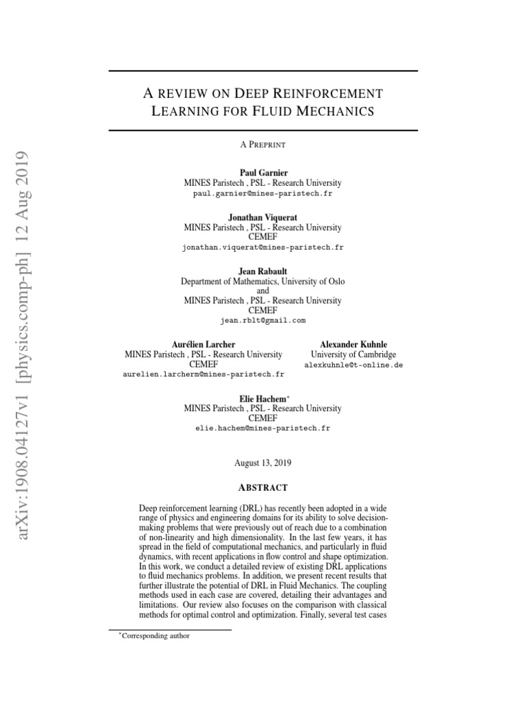 A Review On Deep Reinforcement Learning For Fluid Mechanics | PDF ...