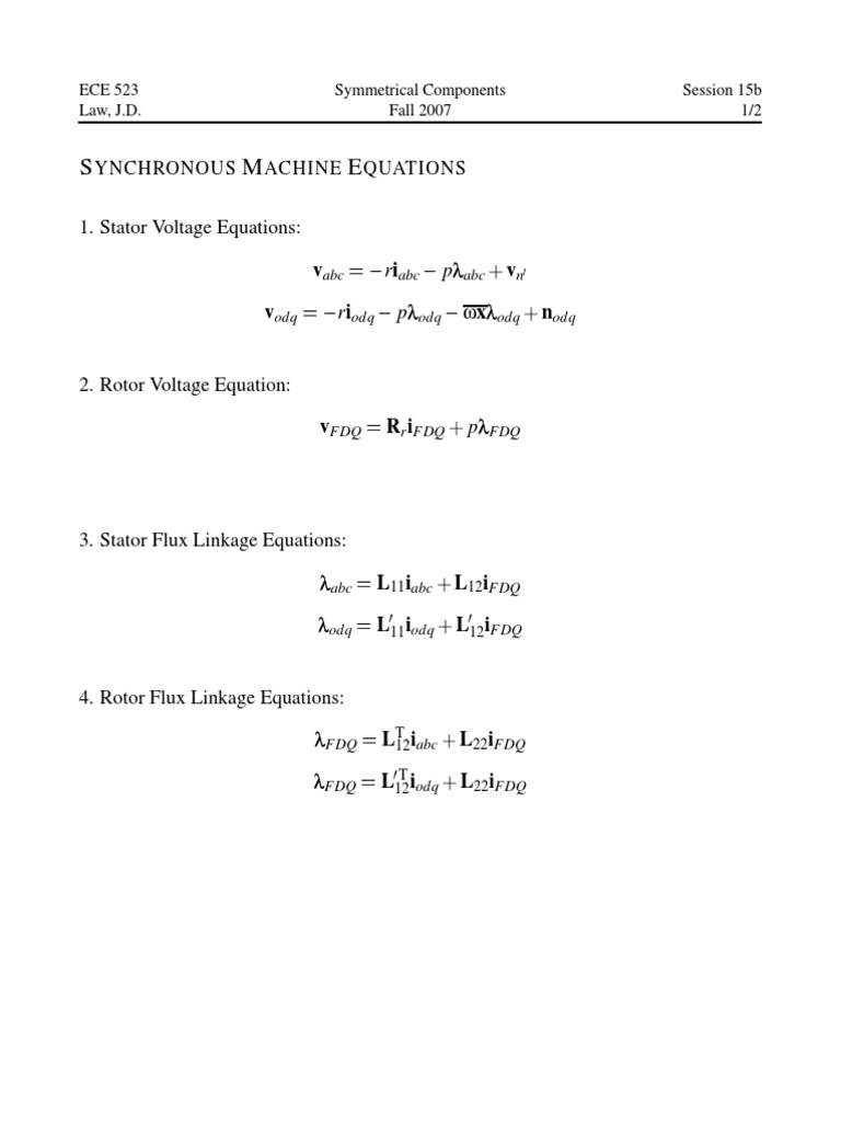 Stator Voltage Equations Ynchronous Achine Quations PDF