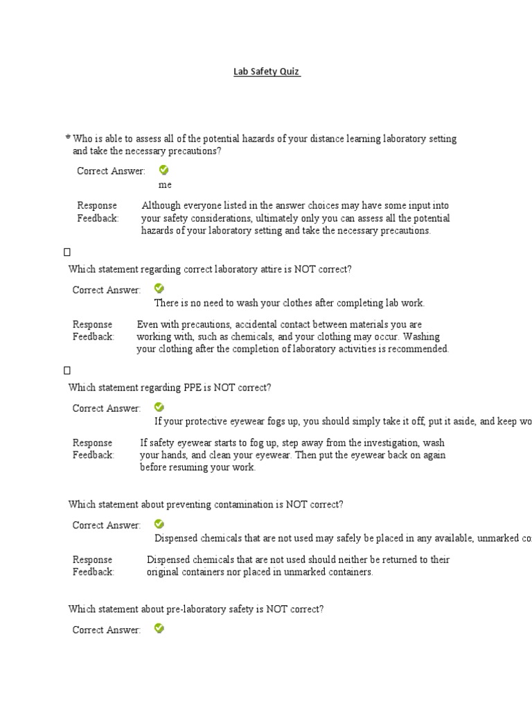Lab Safety Quiz PDF Laboratories Personal Protective Equipment