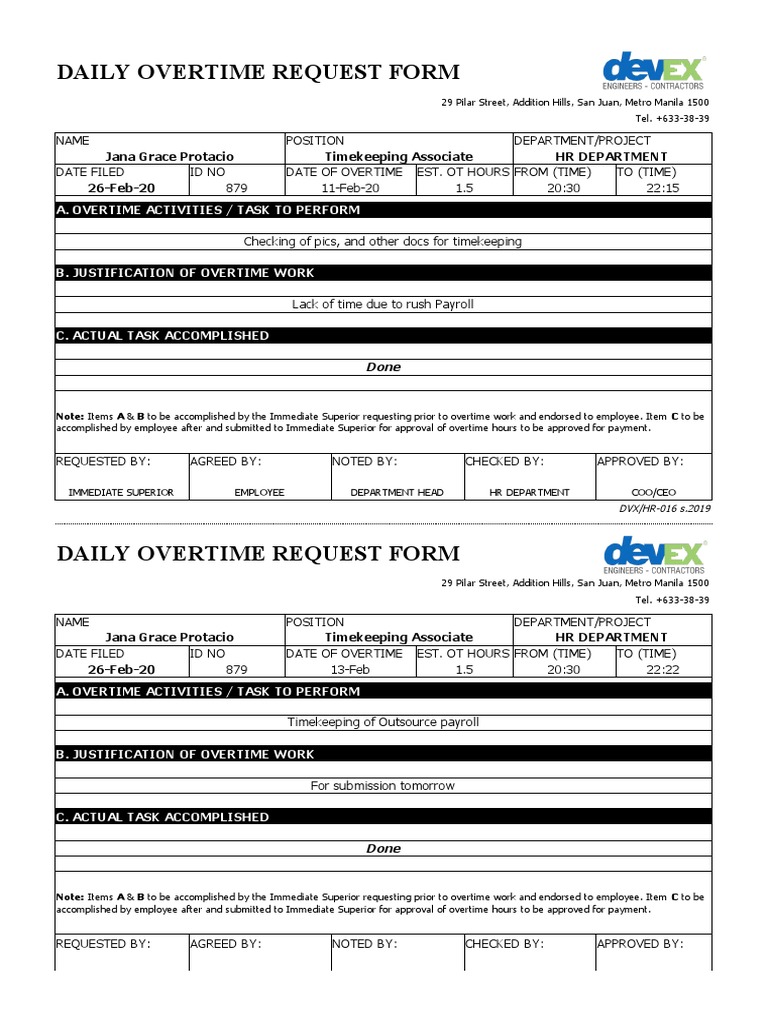 Daily Overtime Request Form Template | PDF | Overtime | Makati