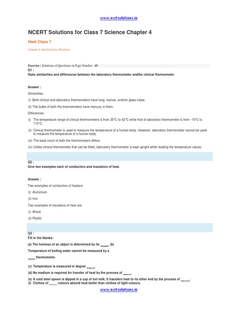 NCERT Solutions For Class 7 Science Chapter 4 | PDF | Thermometer ...