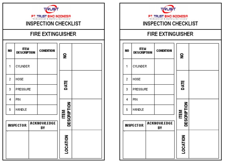 Inspection Checklist Fire Extinguisher Inspection Checklist Fire