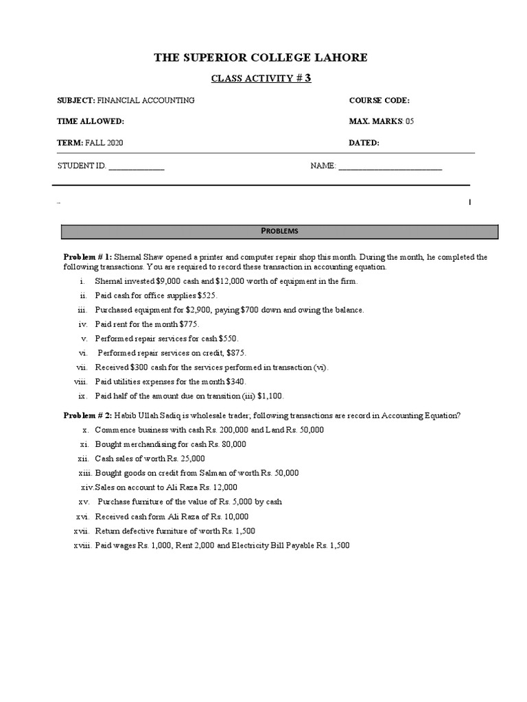 Accounting Equation Class Activity | PDF | Equity (Finance) | Money