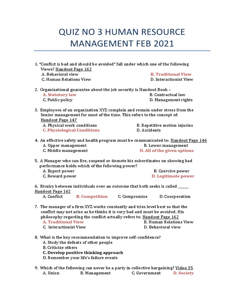 Quiz No 3 Mgt501 Hrm V2 Pdf Occupational Burnout Employment