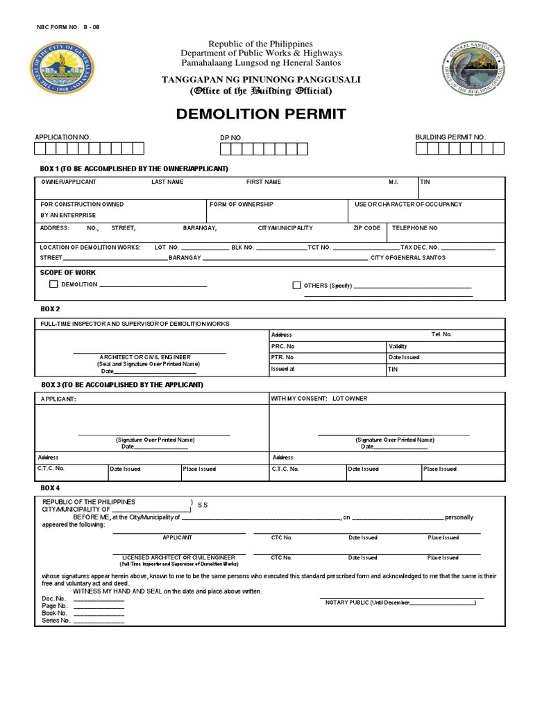Demolition Permit Application Form | PDF | Civil Law (Common Law ...