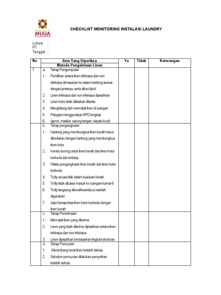 Checklist Instalasi Laundry Rumah Sakit | PDF | Sains & Matematika ...