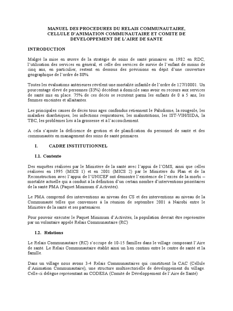Manuel des Procédures des Relais Communautaires | PDF | Union ...