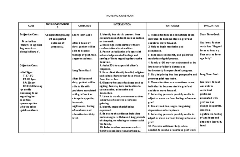 Grieving Nursing Care Plan | PDF | Grief | Anger