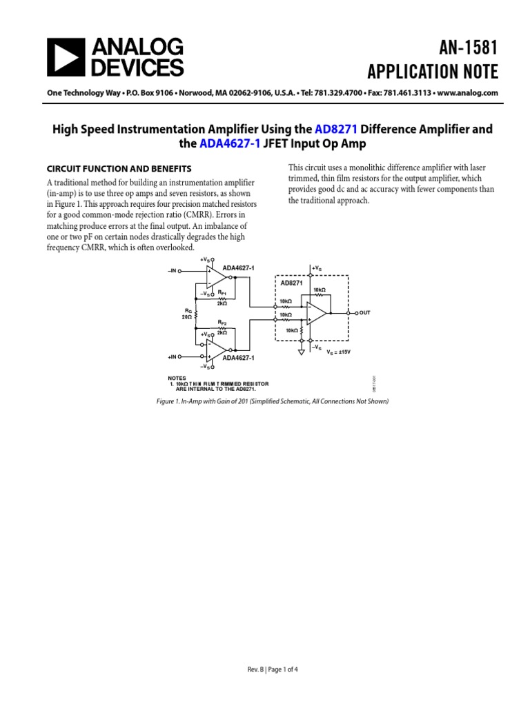 AN1581 Application Note High Speed Instrumentation Amplifier Using