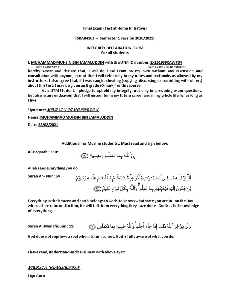 Integrity Declaration for Final Exam | PDF