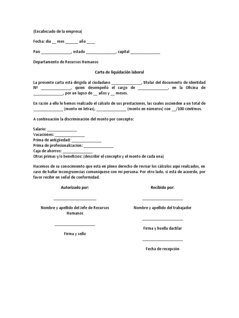 Modelo De Carta De Liquidación Laboral Pdf