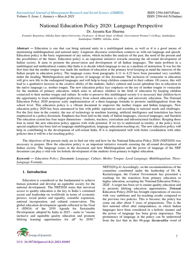 National Education Policy 2020 - Language Perspective | PDF | Sanskrit ...