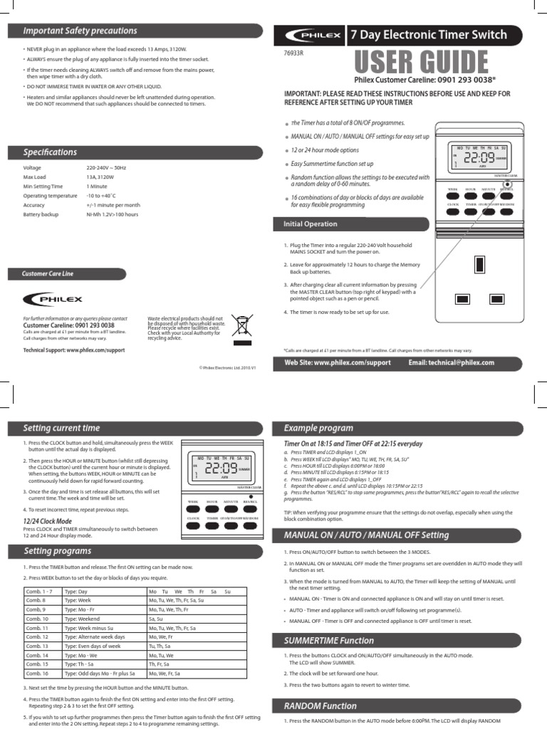 User Guide: 7 Day Electronic Timer Switch | Download Free PDF | Mains ...