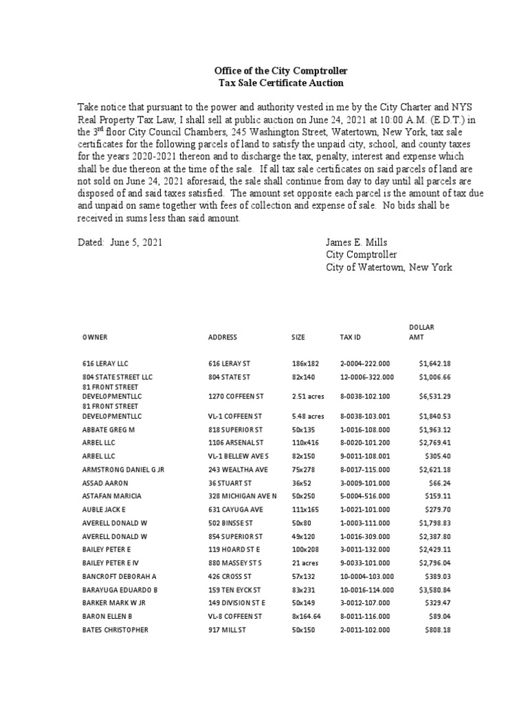 2021 City of Watertown Tax Sale Certificate Auction PDF Law And