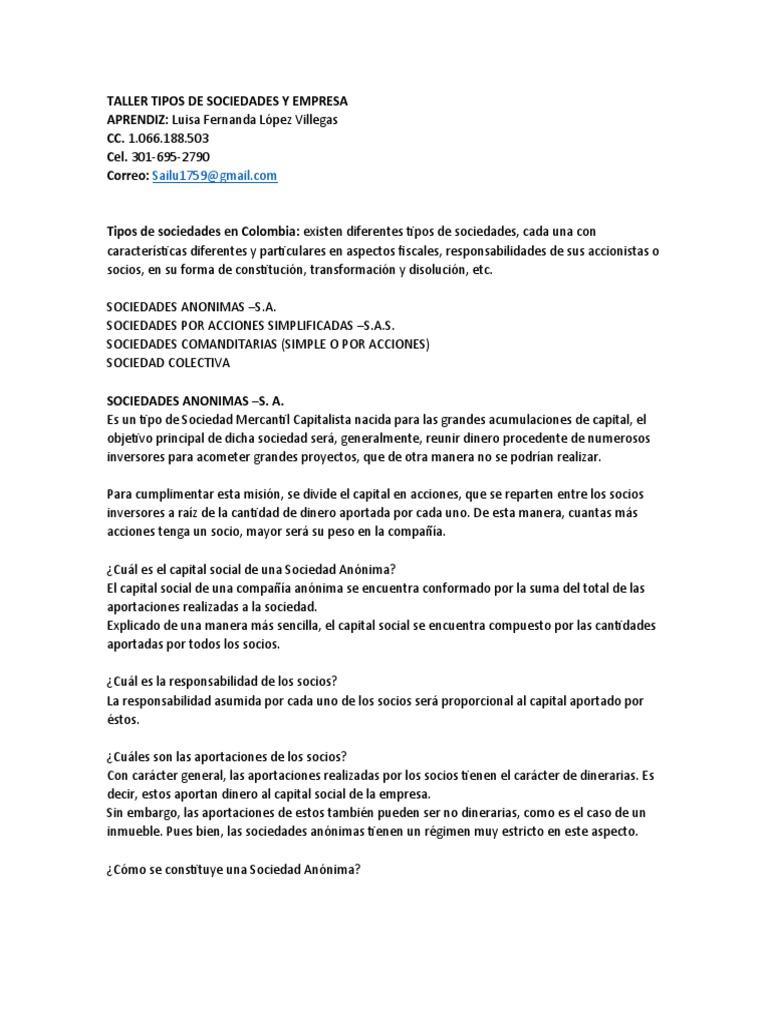 Taller Tipos de Sociedades y Empresa | PDF | Sociedad General ...