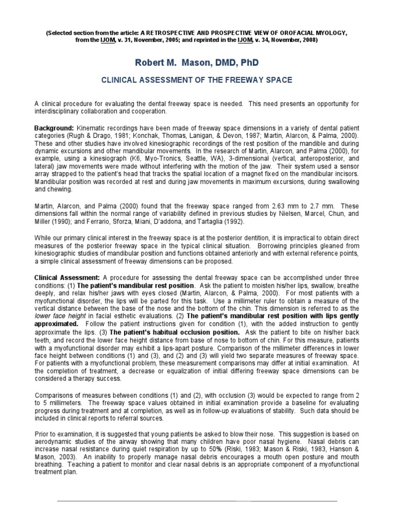 Robert M. Mason, DMD, PHD: Clinical Assessment of The Freeway Space ...