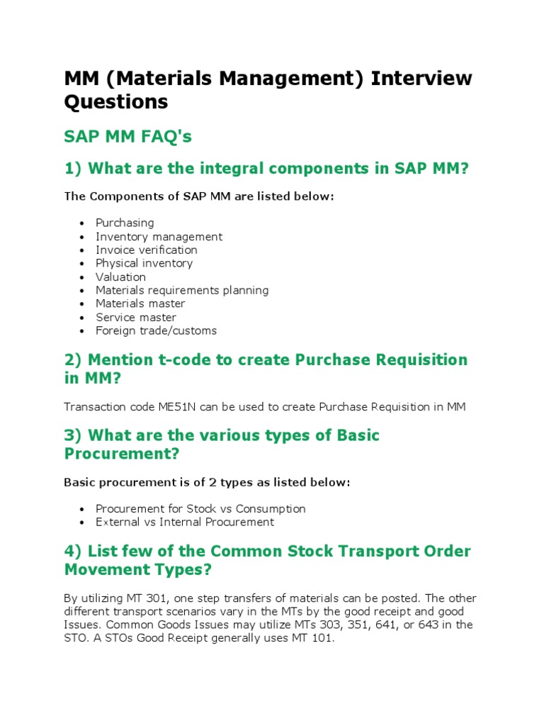 MM (Materials Management) Interview Questions Sap MM Faq'S PDF