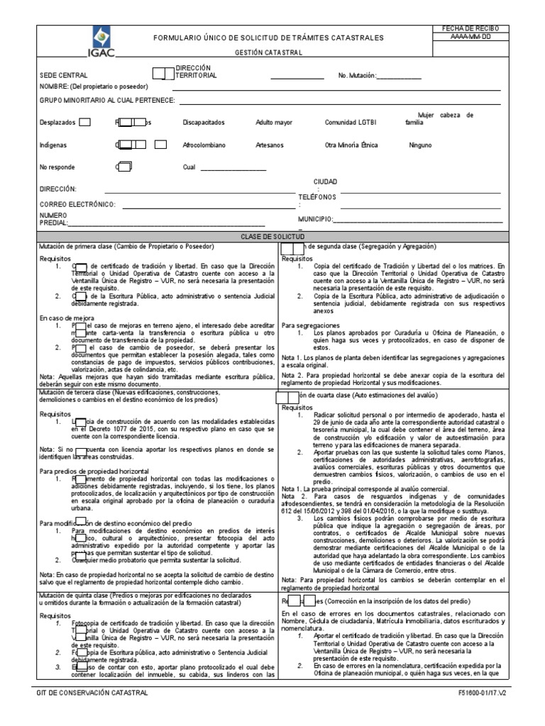 F51600-01 17 V2 Formulario Unico de Solicitud de Tramites Catastrales F
