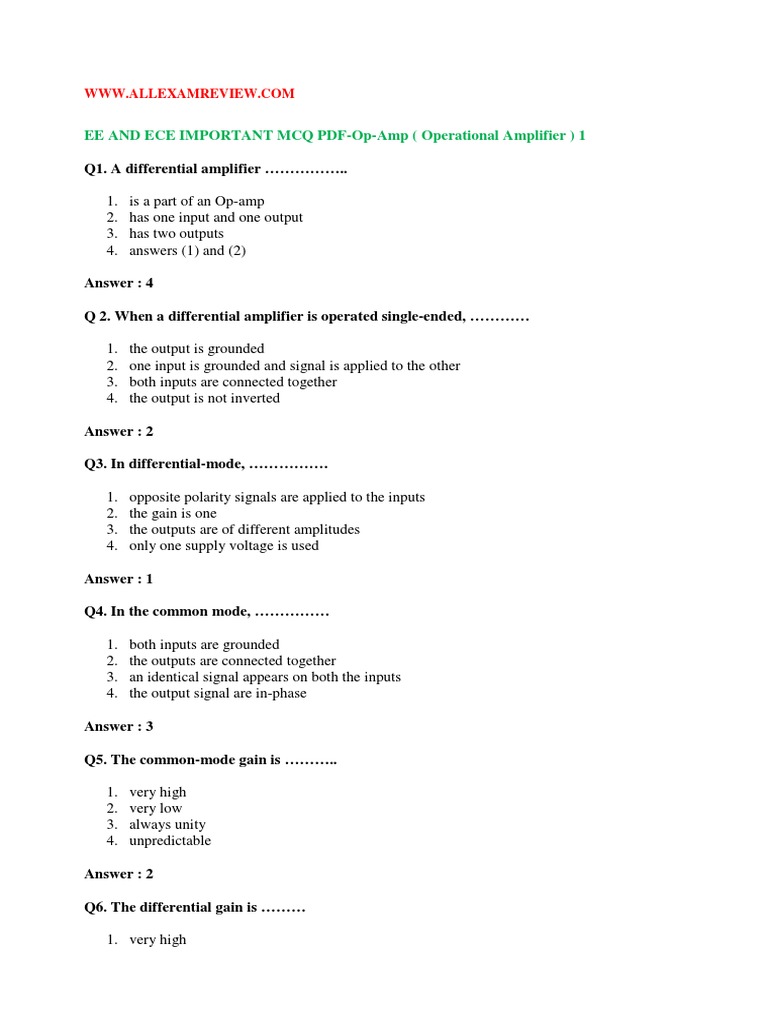 Ee and Ece Important MCQ PDF Op Amp Operational Amplifier 1www