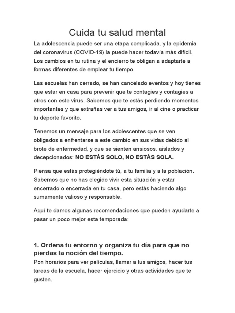 Cuida tu salud mental en la adolescencia | PDF | Las emociones | La ...