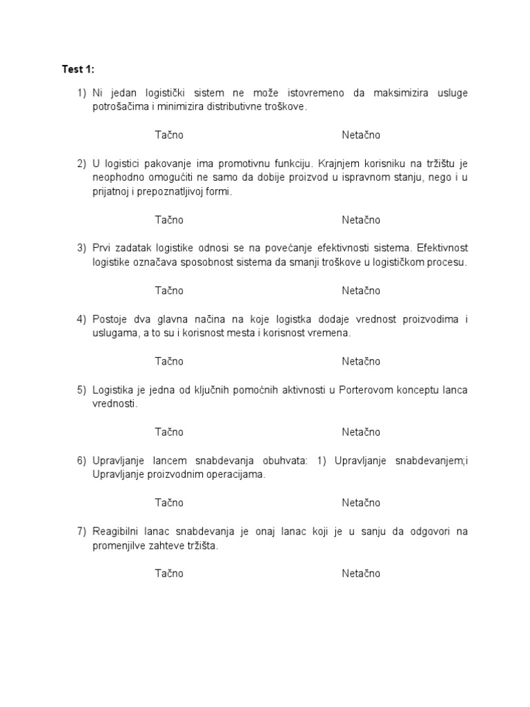 Test 1 Logistika | PDF