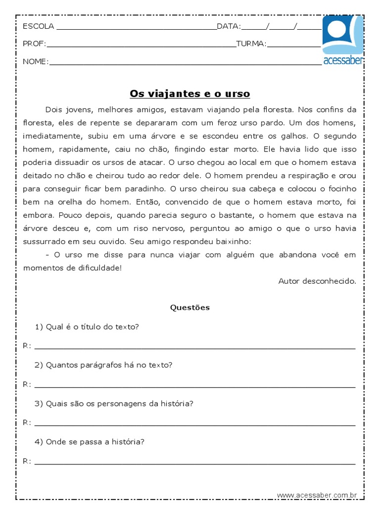 Interpretacao de Texto Os Viajantes e o Urso 2 Ano e 3 Ano | PDF