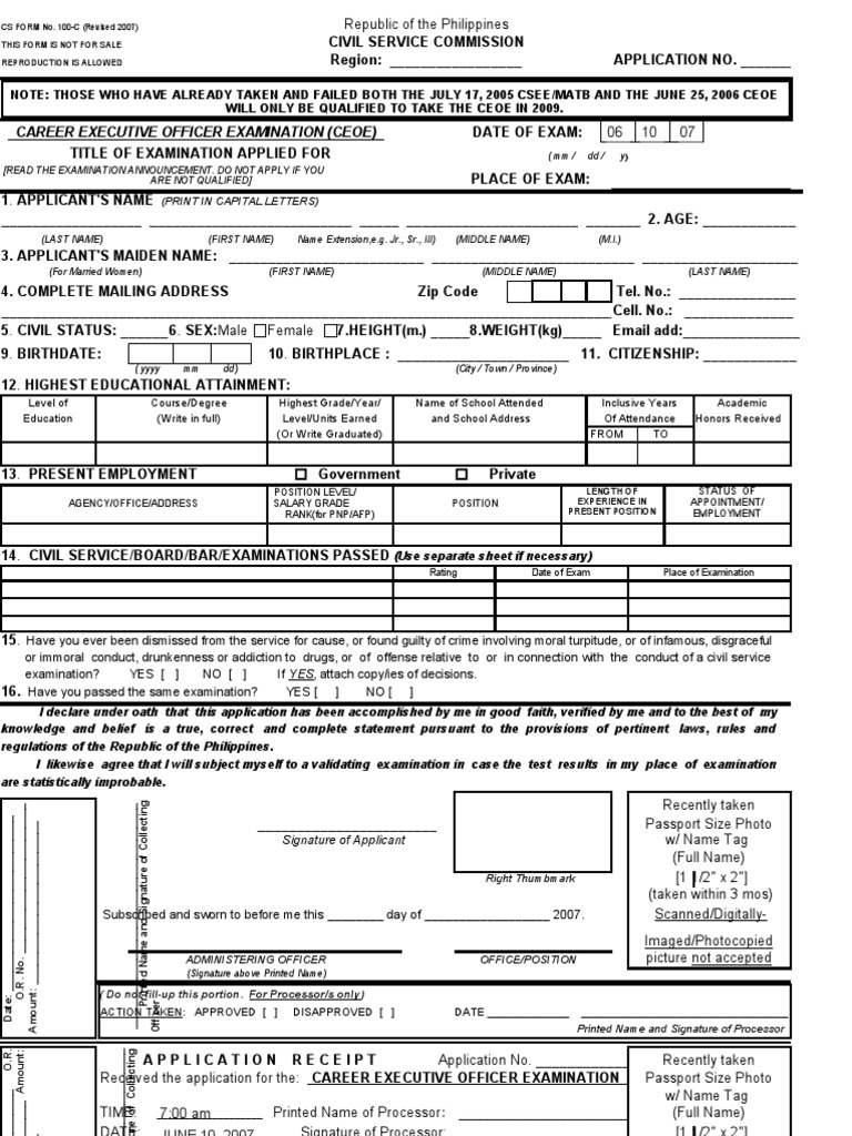 Career Executive Officer Exam Application | PDF | Identity Document ...