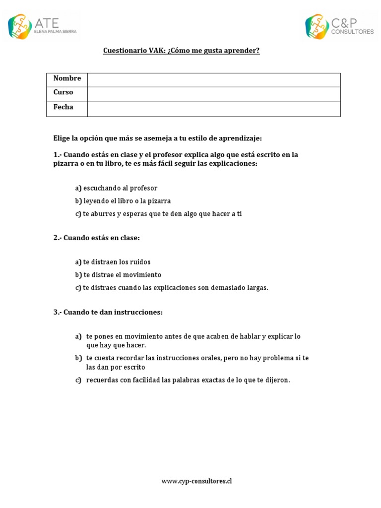 Cuestionario Vak | Descargar gratis PDF | Cognición | Science