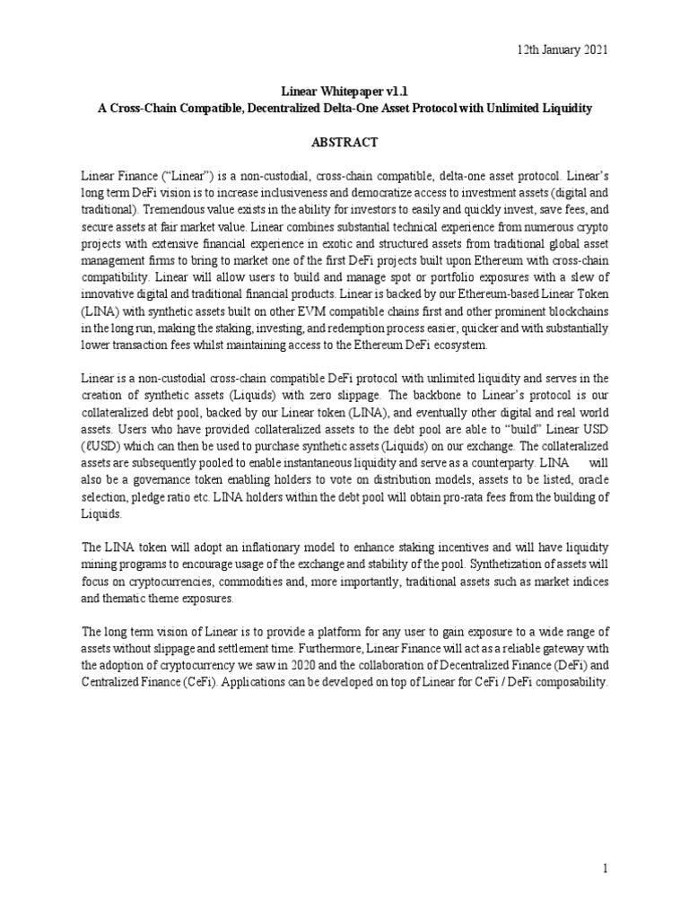 Linear Whitepaper v1.1 A Cross-Chain Compatible, Decentralized Delta-One  Asset Protocol With Unlimited Liquidity | PDF | Market Liquidity |  Cryptocurrency