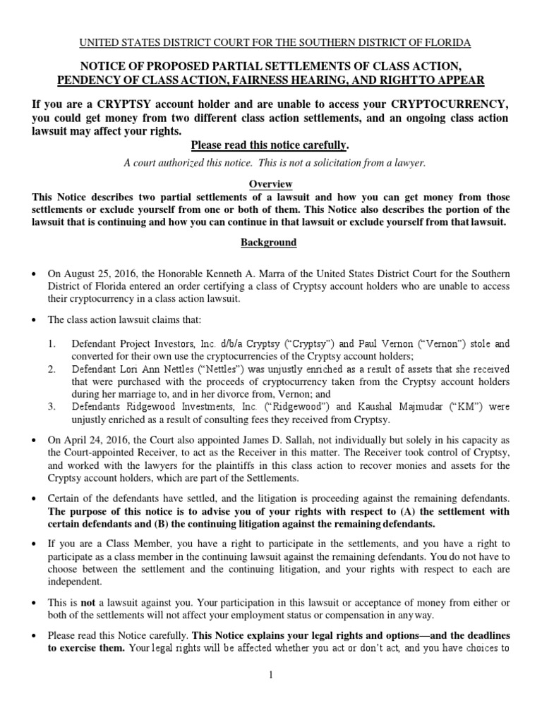 Cryptsy Class Action Settlement Notice | PDF | Settlement (Litigation ...