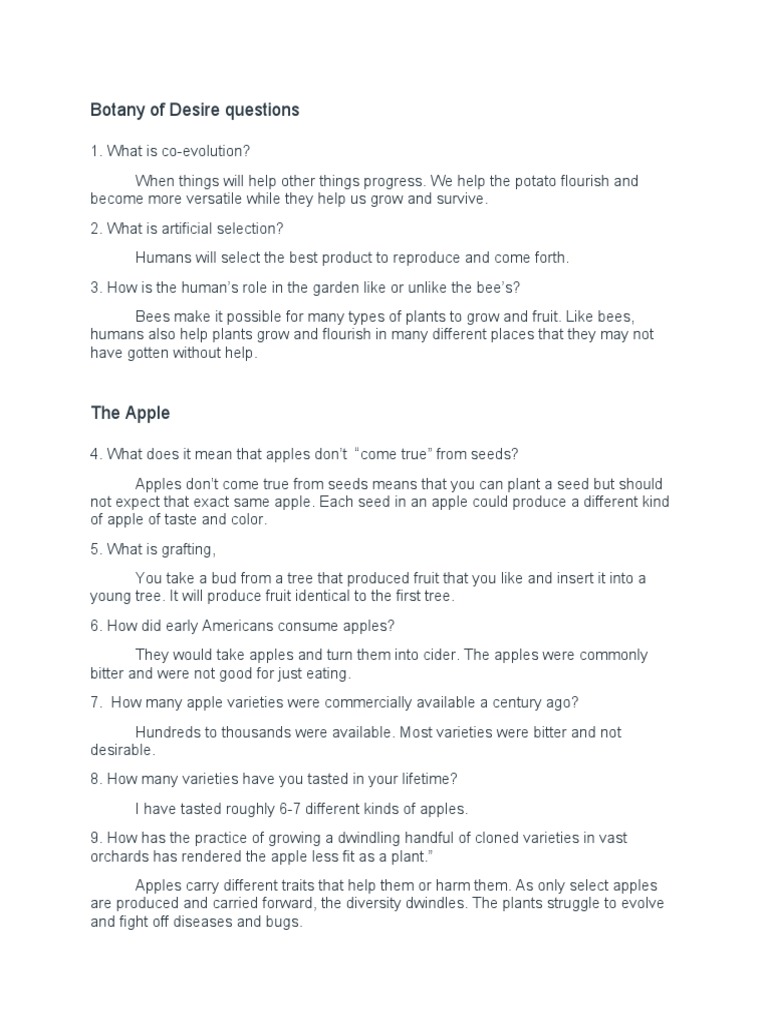 Botany of Desire Questions PDF Apple Tulip