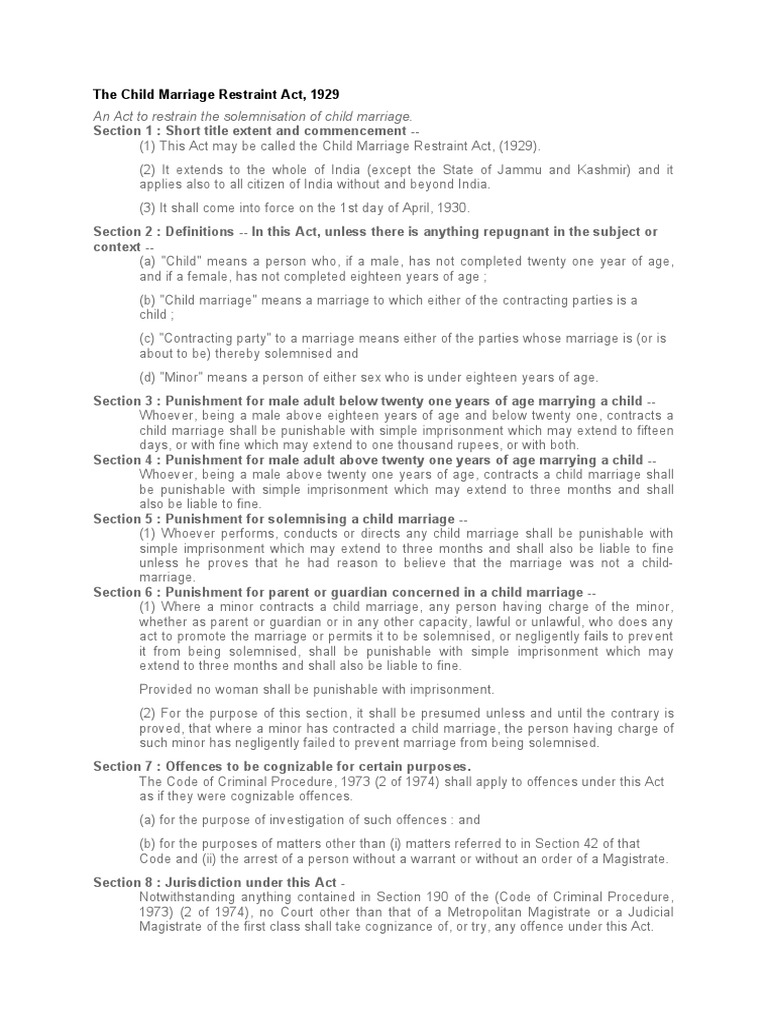 The Child Marriage Restraint Act PDF Criminal Procedure In South