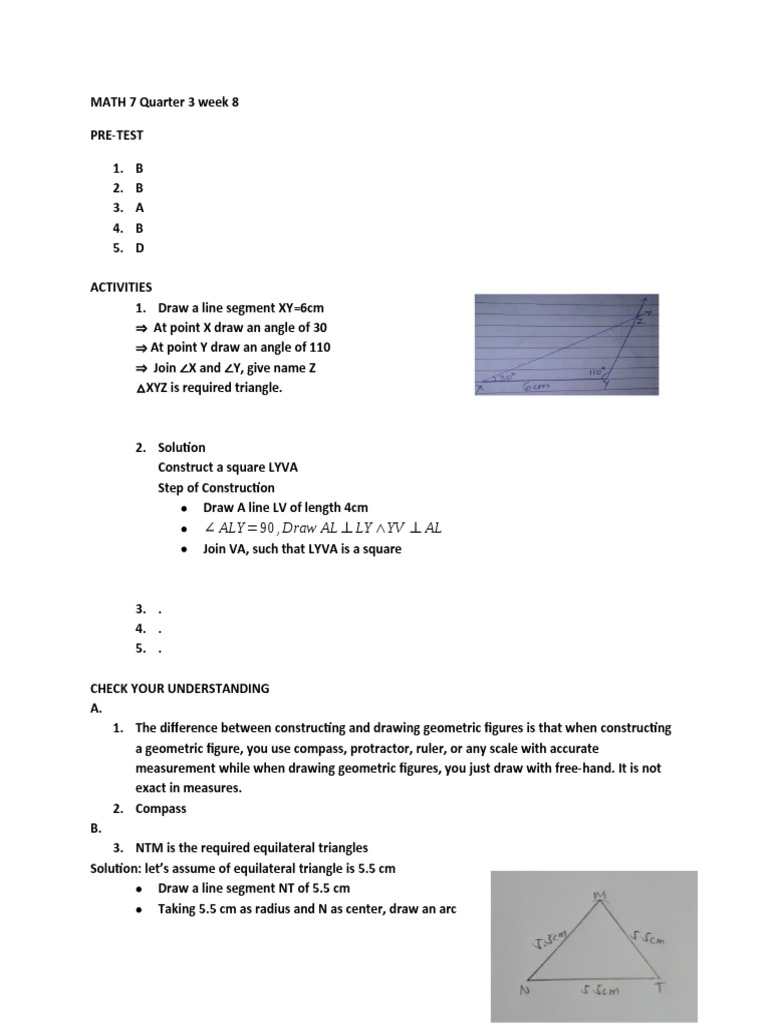 MATH 7 Week 8 Geometry Pre-Test and Activities | PDF