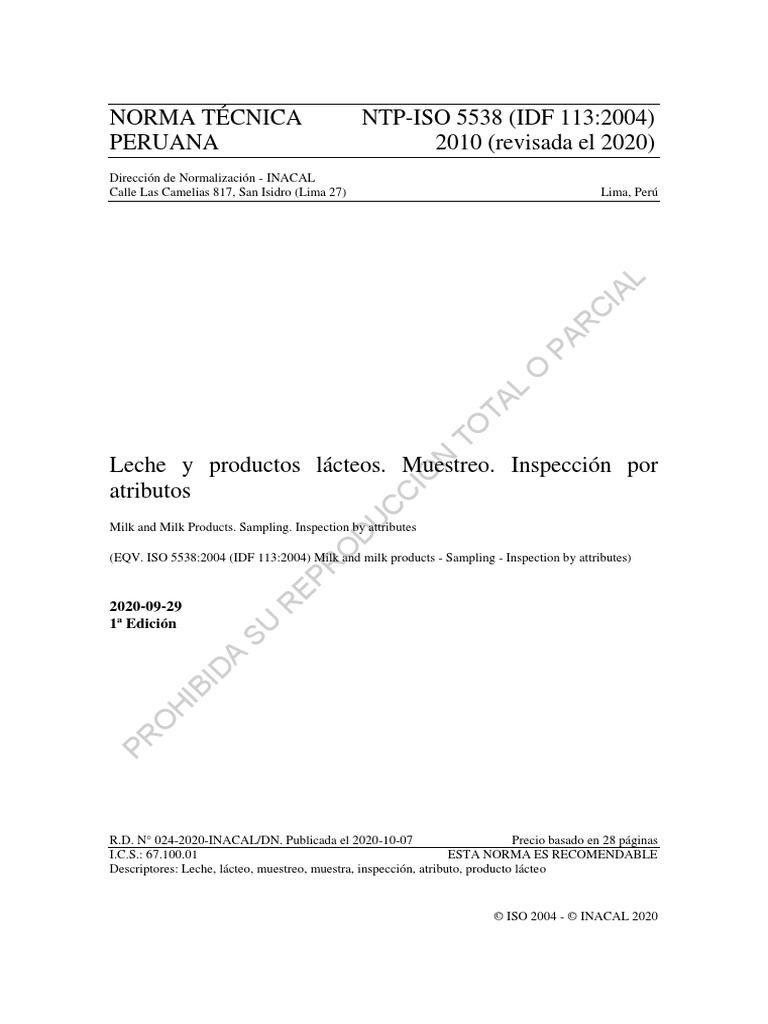 Ntp-Iso 5538 (Idf 113 2004) | PDF | Organización internacional para la ...