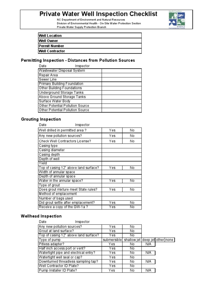 Private Water Well Inspection Checklist | PDF | Casing (Borehole ...
