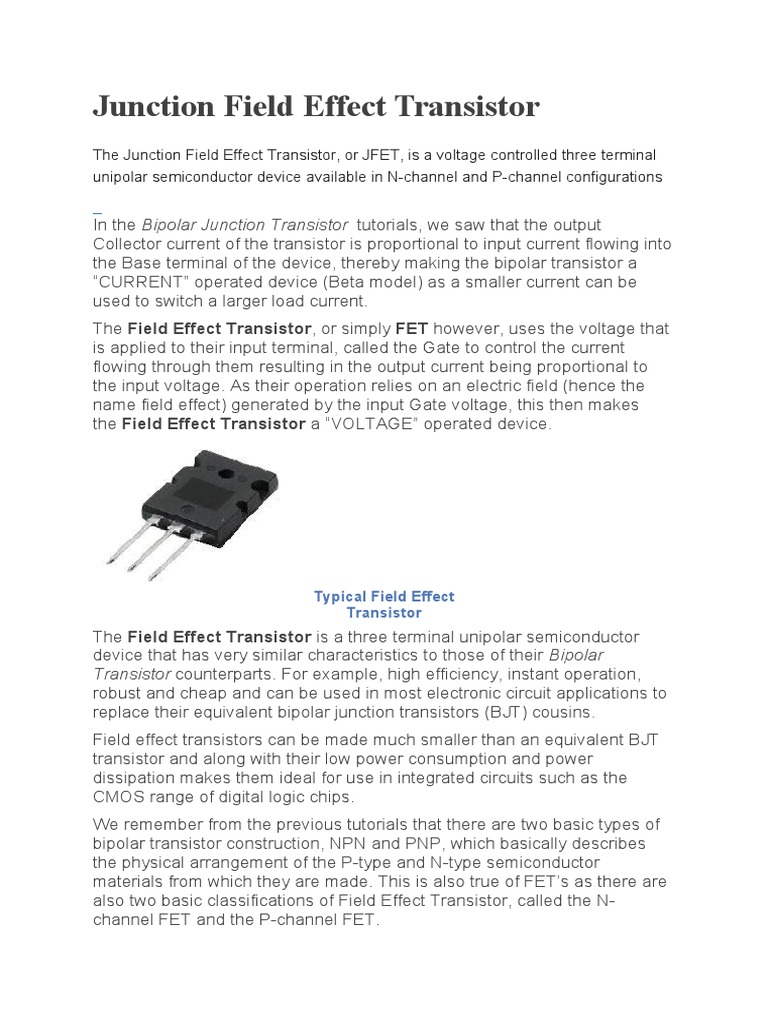 A Comprehensive Overview of Junction Field Effect Transistors (JFETs) Operating Principles