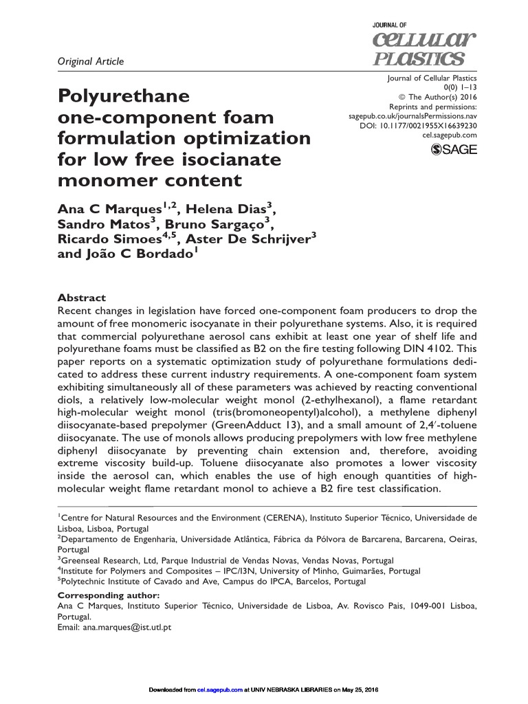PU One Component Foam Formulation PDF Polyurethane Chemistry