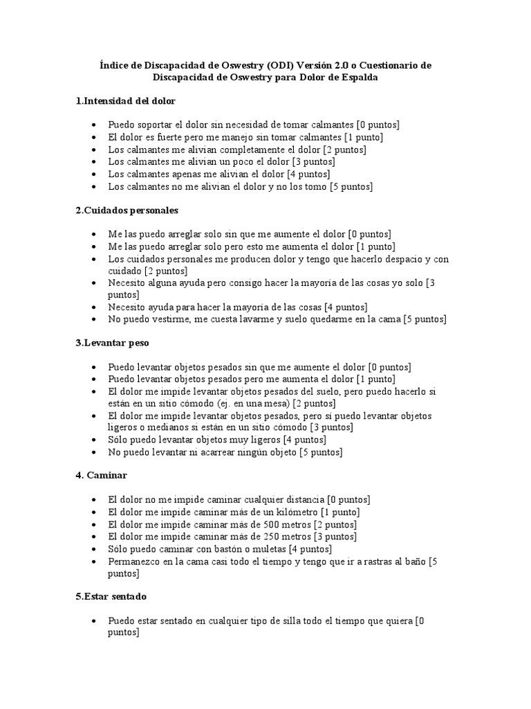 Índice de Discapacidad de Oswestry | PDF | Dolor lumbar | Trastorno mental