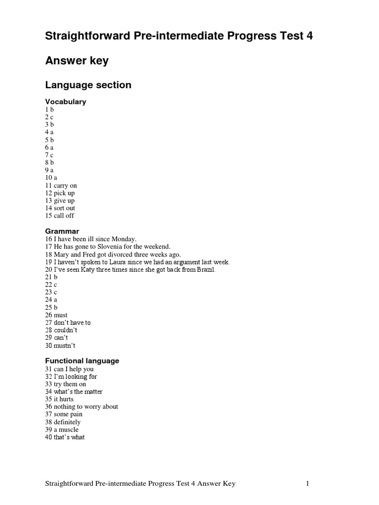 Pre-Intermediate Test 4 Answer Key | PDF